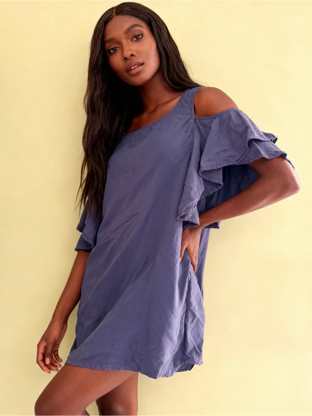 Michael Kors Navy Cold-Shoulder Ruffle dress